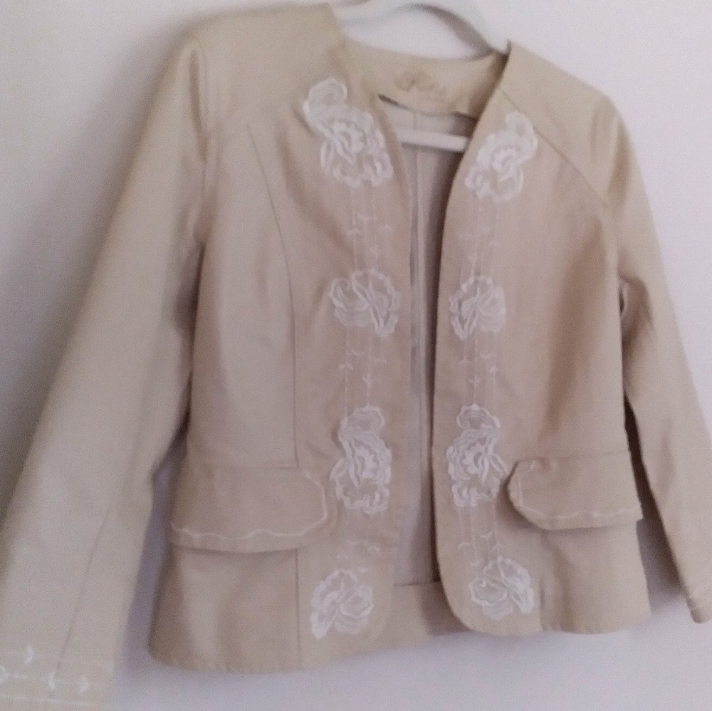 Kikit Jeans Women's Denim Blazer Jacket Beige Cropped Floral Embroidery Small